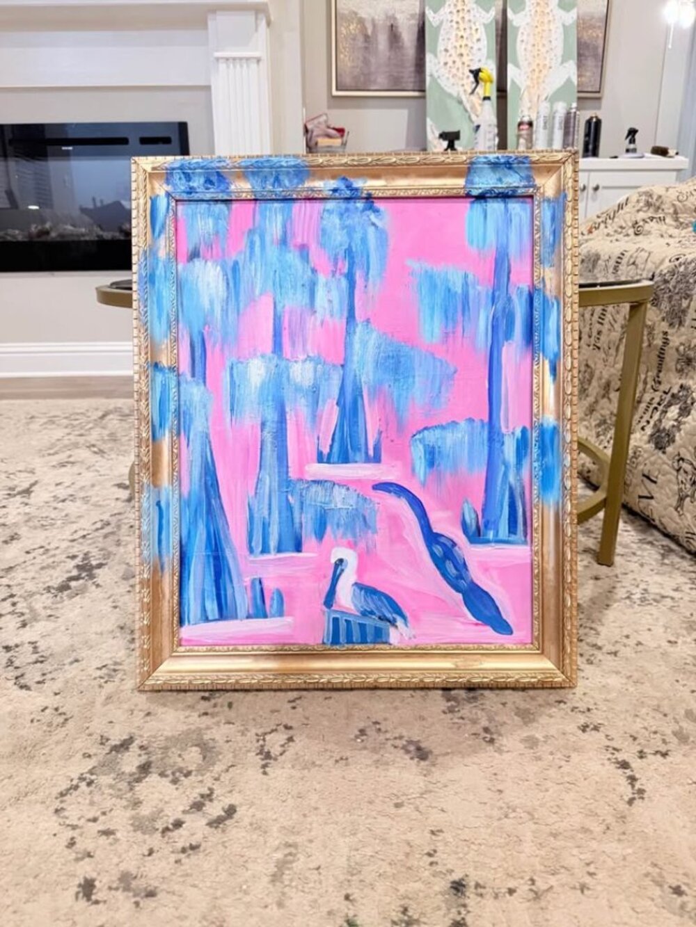 ORIGINAL Abstract Pink Blue Swamp Pelican Painting Painted Gold Frame